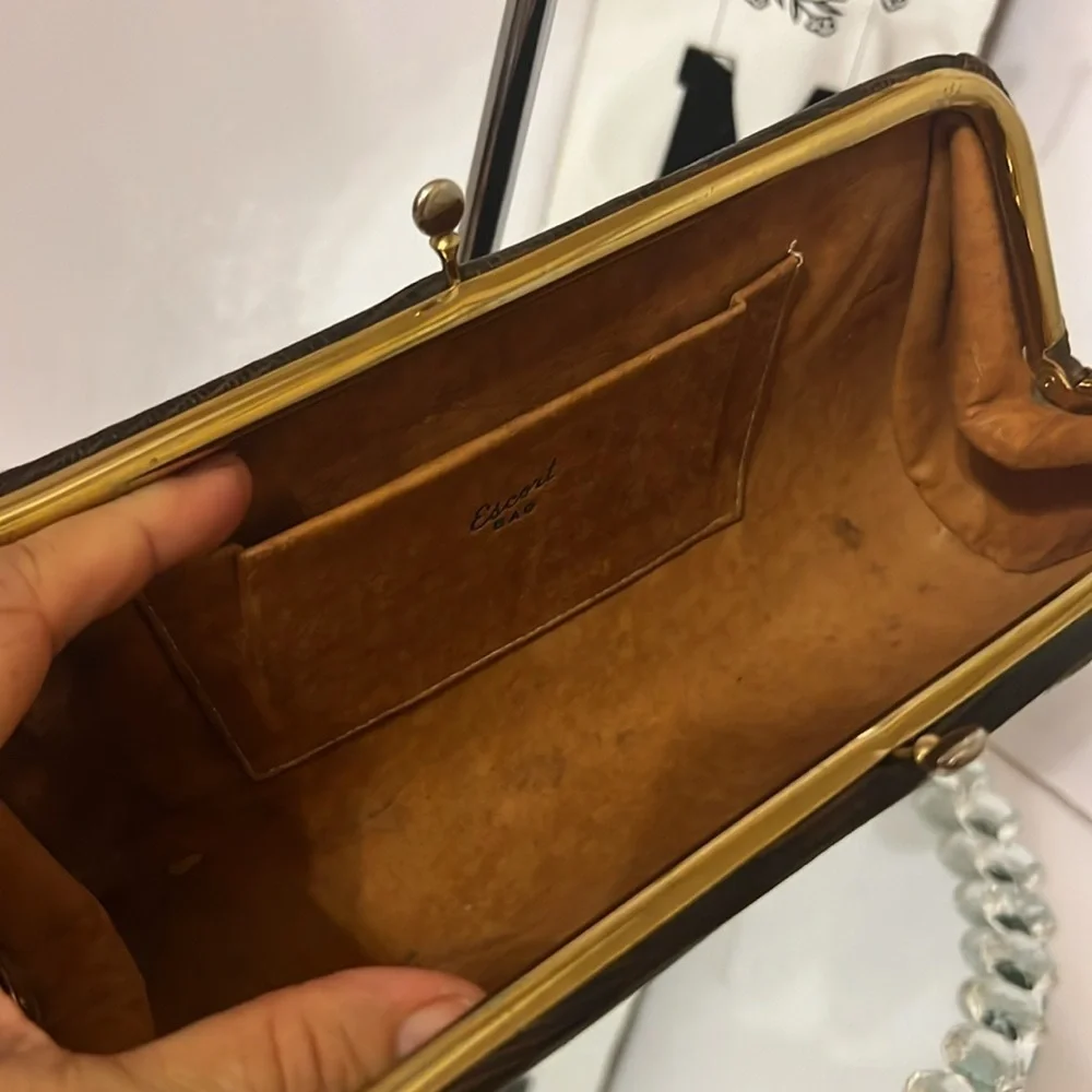 ESCORT vintage black lizard skin  kiss luck clutch purse